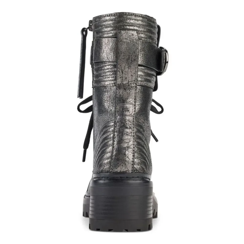 DKNY Womens Silver Basia Round Toe Block Heel Leather Combat Boots 7.5 M_2